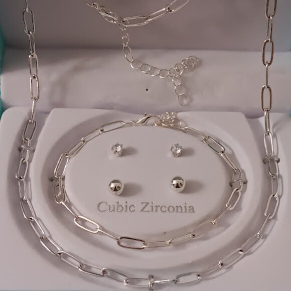 DANECRAFT 4pc Silver Plated Bracelet/Ball & CZ Earrings/Oval Link Chain Necklace - Picture 1 of 4